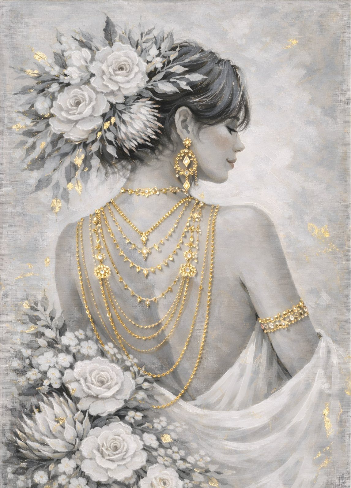 Portrait femme élégante fleurs blanches bijoux dorés style art contemporain
