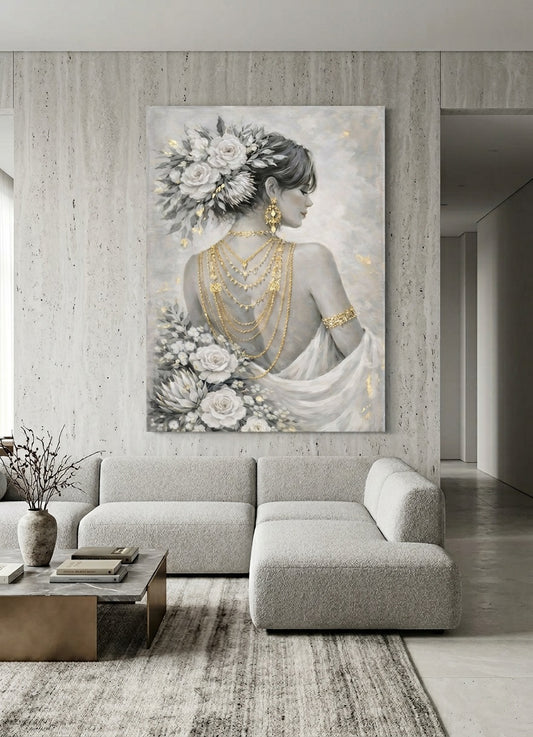 Portrait femme élégant accroché dans chambre moderne décoration murale raffinée

