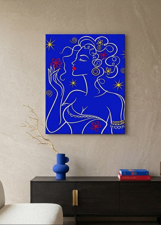Tableau femme graphique minimaliste lignes fluides design moderne décoration murale élégante
