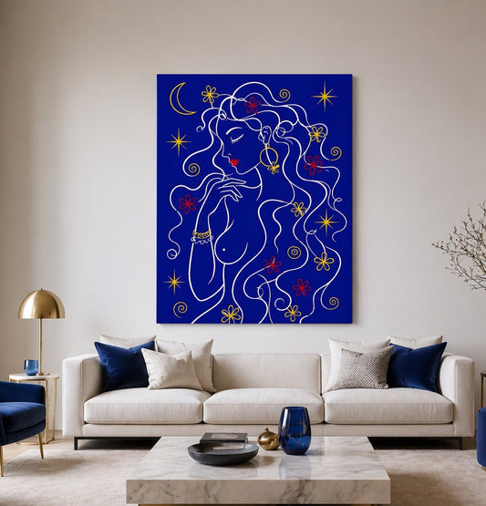 Tableau line art femme minimaliste style contemporain couleurs contrastées décoration murale design
