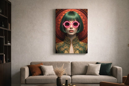 Tableau femme lunettes néon accroché dans salon moderne décoration murale design
