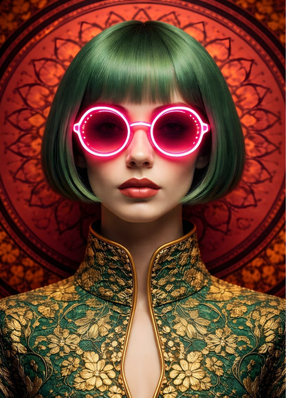 Tableau portrait femme lunettes néon rose style design contemporain et symétrie graphique
