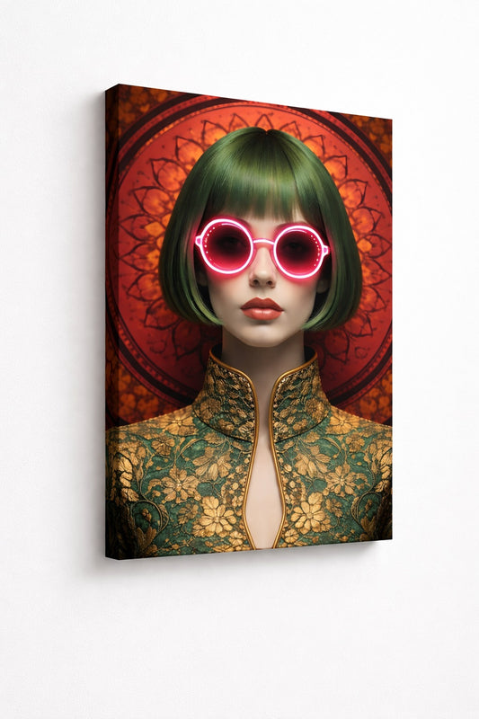 Vue de profil toile portrait femme lunettes néon sur châssis impression artistique moderne
