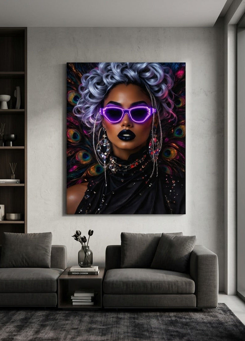 Tableau femme lunettes néon violet accroché dans salon moderne décoration murale design
