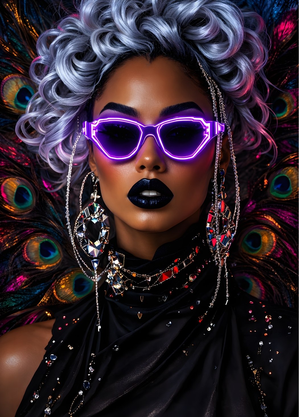 Tableau portrait femme lunettes néon violet style glamour contemporain avec décor plumes de paon
