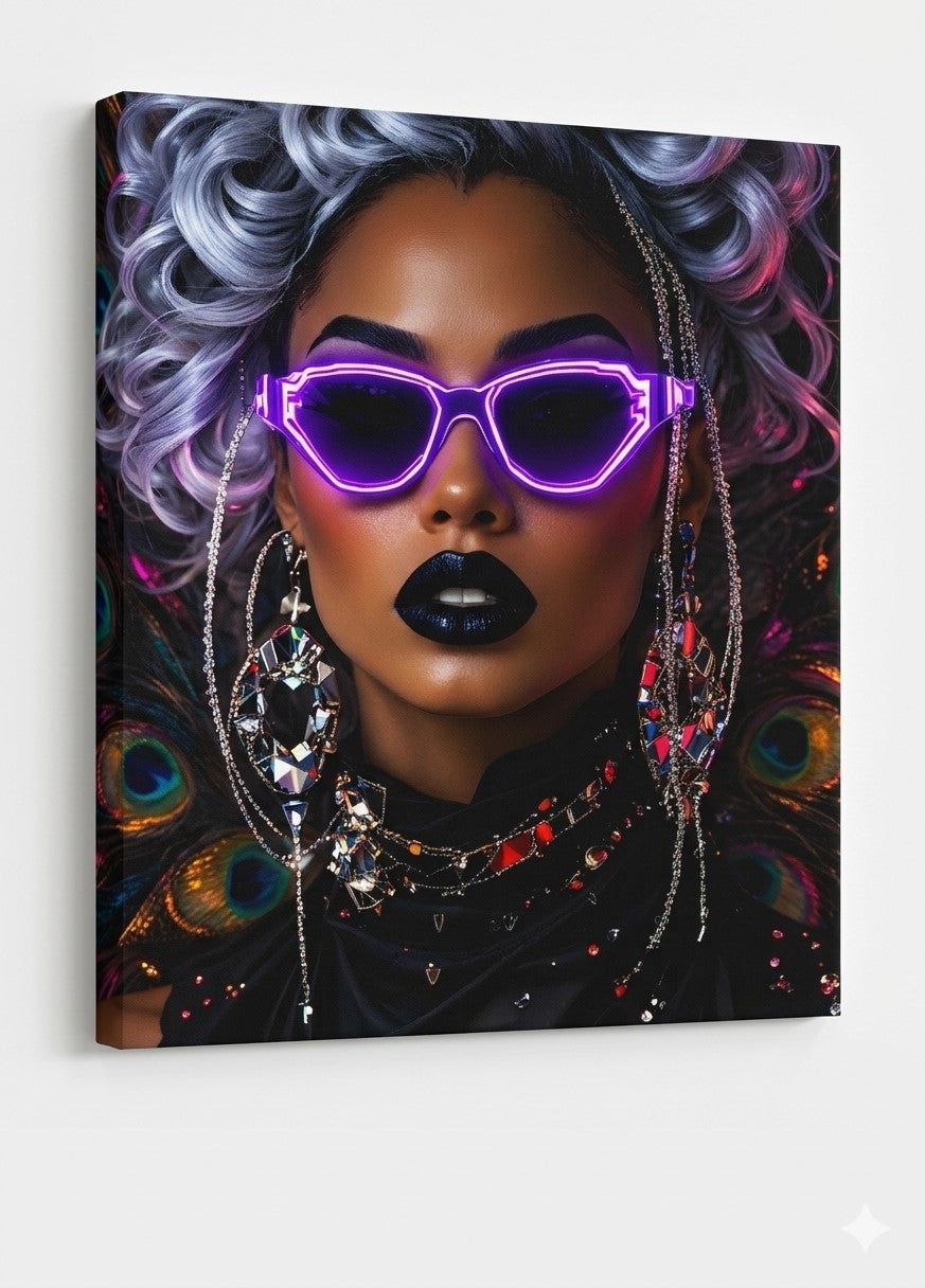 Vue de profil toile portrait femme lunettes néon violet impression artistique moderne
