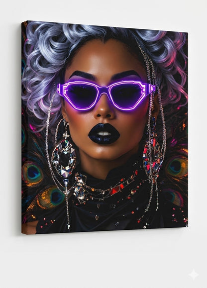 Vue de profil toile portrait femme lunettes néon violet impression artistique moderne
