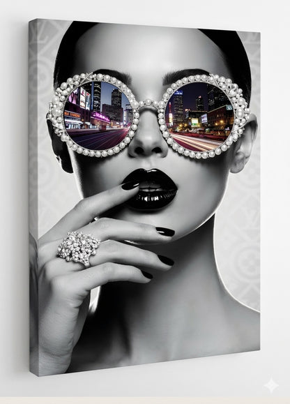 Vue de profil toile portrait femme lunettes perles impression artistique contemporaine
