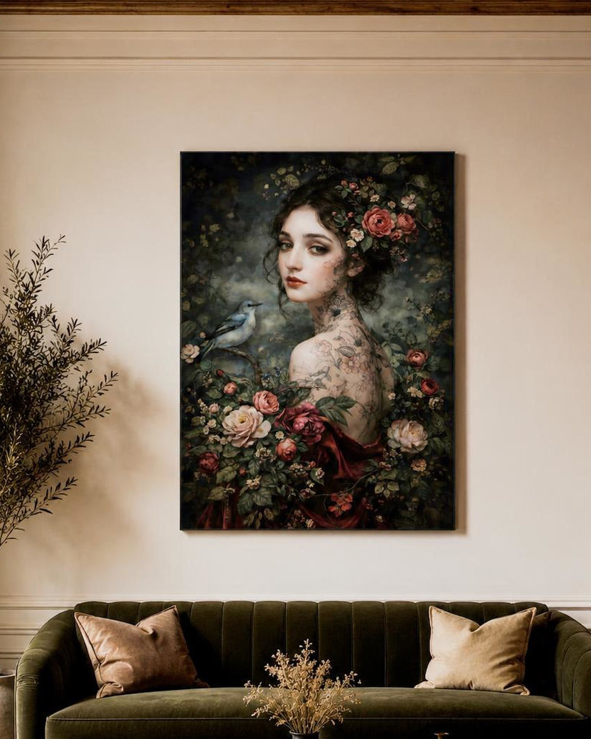 Portrait féminin floral dans une chambre élégante, création exclusive fabriquée en France par Iconik-Art
