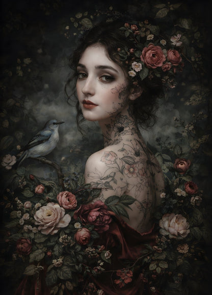 Tableau représentant une femme tatouée entourée de roses avec un oiseau, création exclusive Iconik-Art
