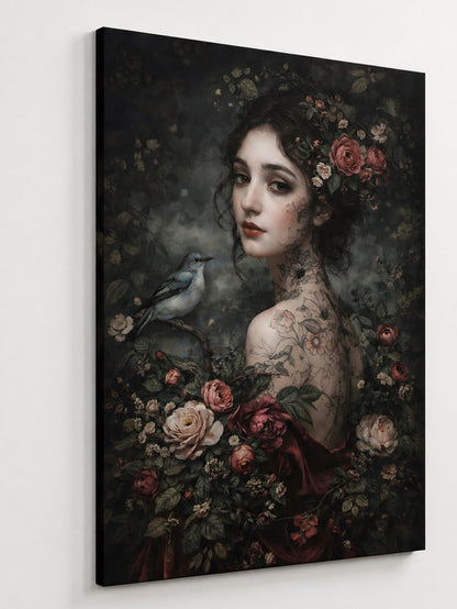 Vue de profil révélant les détails floraux et la finesse d'impression du portrait botanique
