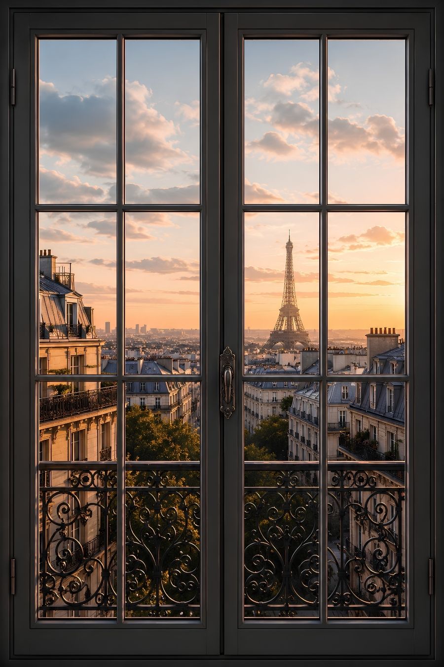 Fenêtre trompe l'œil avec vue sur Paris et la Tour Eiffel
