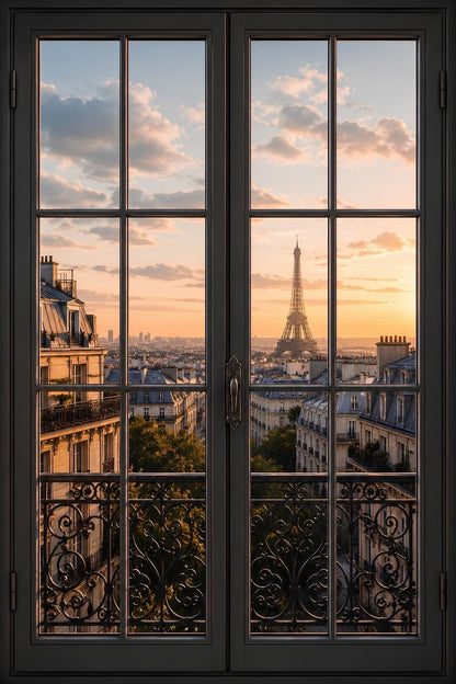 Fenêtre trompe l'œil avec vue sur Paris et la Tour Eiffel
