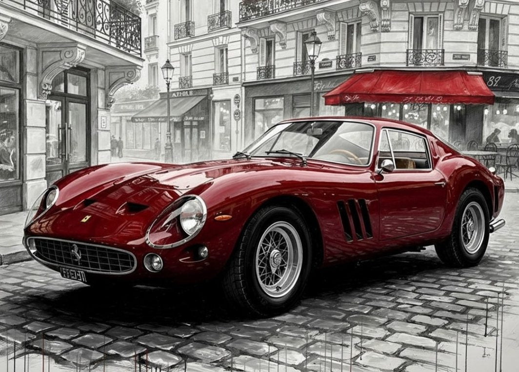 Tableau voiture Ferrari 250 GTO rouge vintage dans rue parisienne noir et blanc élégante et moderne

