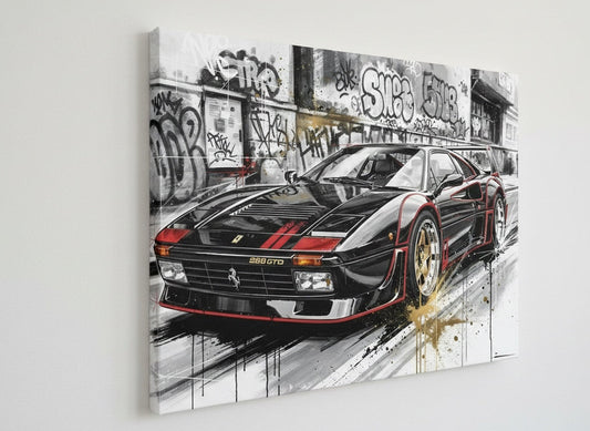 détail carrosserie ferrari 288 gto noir brillant accents rouges style art mural moderne

