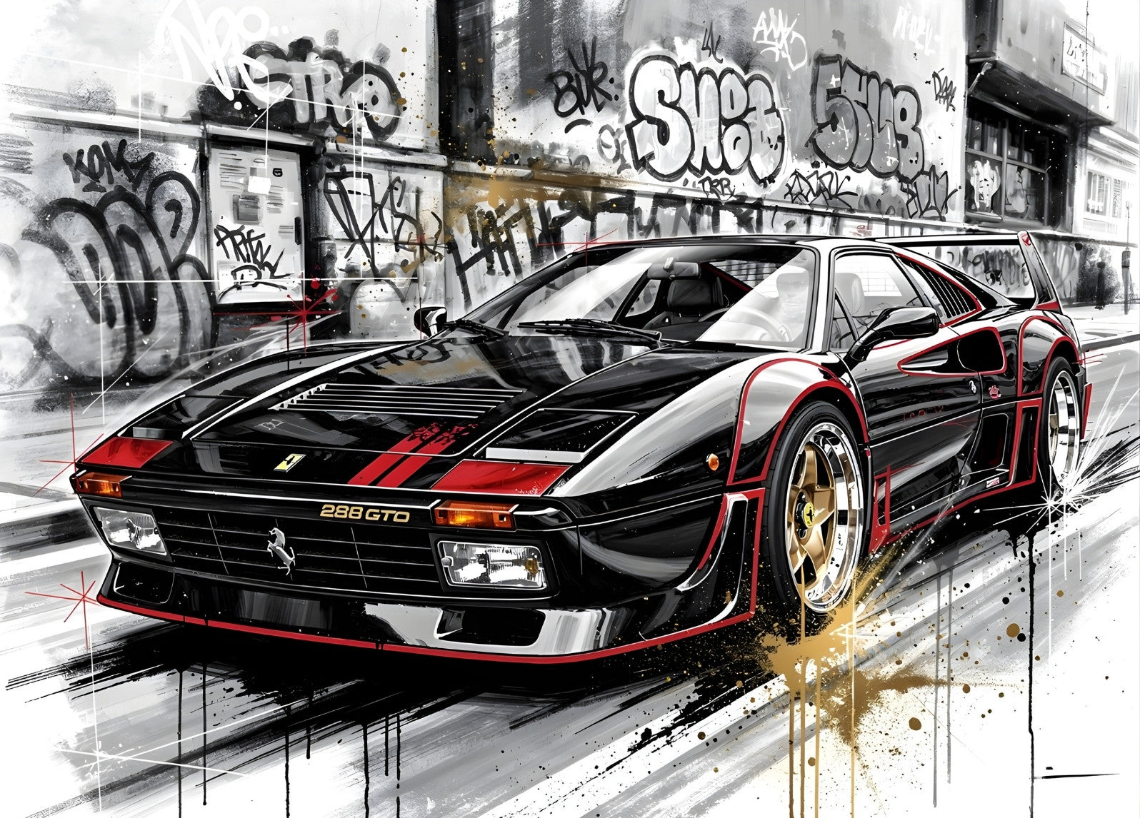 Toile street art d'une ferrari 288 gto noire liserés rouges jantes dorées 
