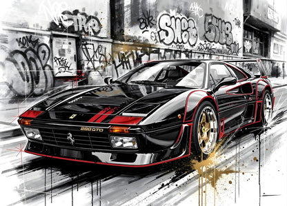 Toile street art d'une ferrari 288 gto noire liserés rouges jantes dorées 
