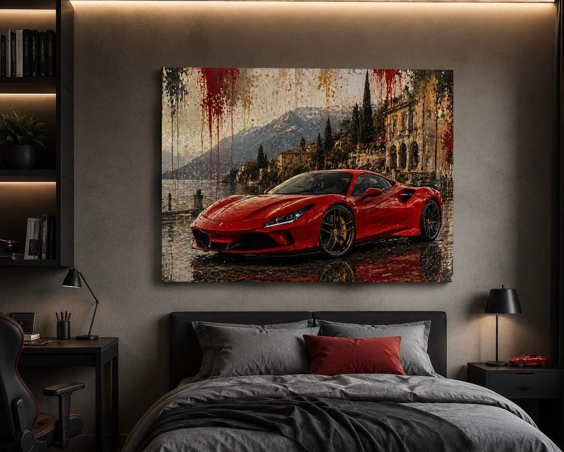 Œuvre automobile Ferrari 296 GTB intégrée dans un bureau contemporain haut de gamme création exclusive Iconik-Art
