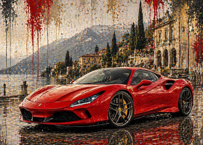Ferrari 296 GTB rouge devant le lac de Côme dans une composition artistique exclusive Iconik-Art
