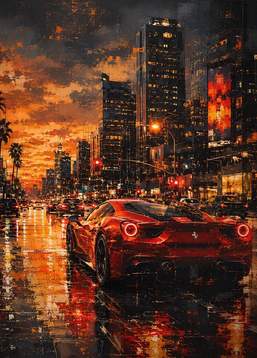 Tableau Ferrari 458 Italia rouge vue de l’arrière dans une avenue de Los Angeles au coucher du soleil avec reflets sur la chaussée
