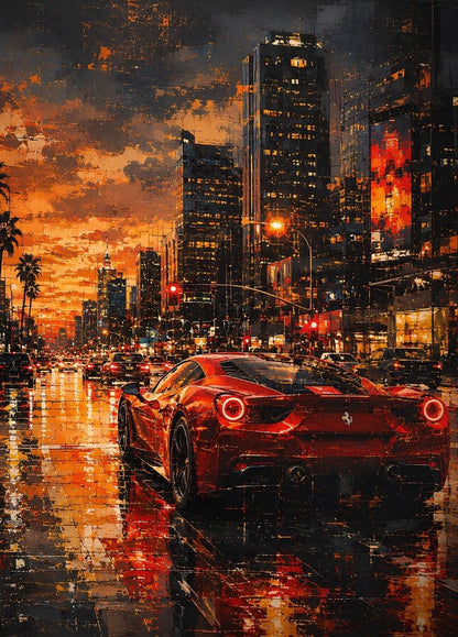 Tableau Ferrari 458 Italia rouge vue de l’arrière dans une avenue de Los Angeles au coucher du soleil avec reflets sur la chaussée
