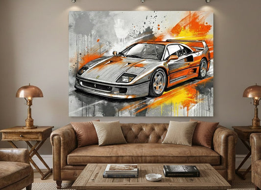 Tableau Ferrari F40 accroché dans bureau design ambiance automobile sportive contemporaine
