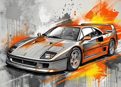 Tableau Ferrari F40 illustration street art projections orange décoration murale automobile contemporaine
