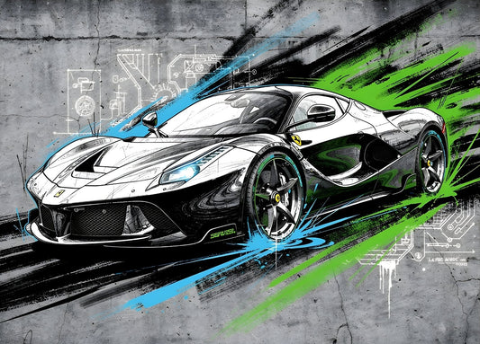 Tableau Ferrari LaFerrari street art de face, contrastes noir et blanc avec projections vertes et bleues
