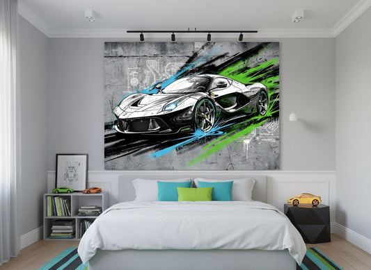 Tableau Ferrari LaFerrari street art mis en situation dans un intérieur contemporain design
