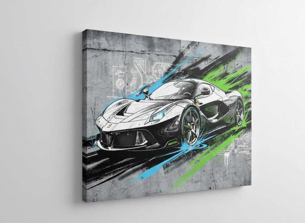 Vue de profil sur toile, tableau Ferrari LaFerrari street art avec bords entoilés

