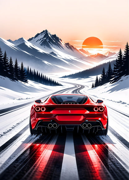 Tableau Ferrari rouge sur route enneigée avec montagnes graphiques et coucher de soleil contemporain
