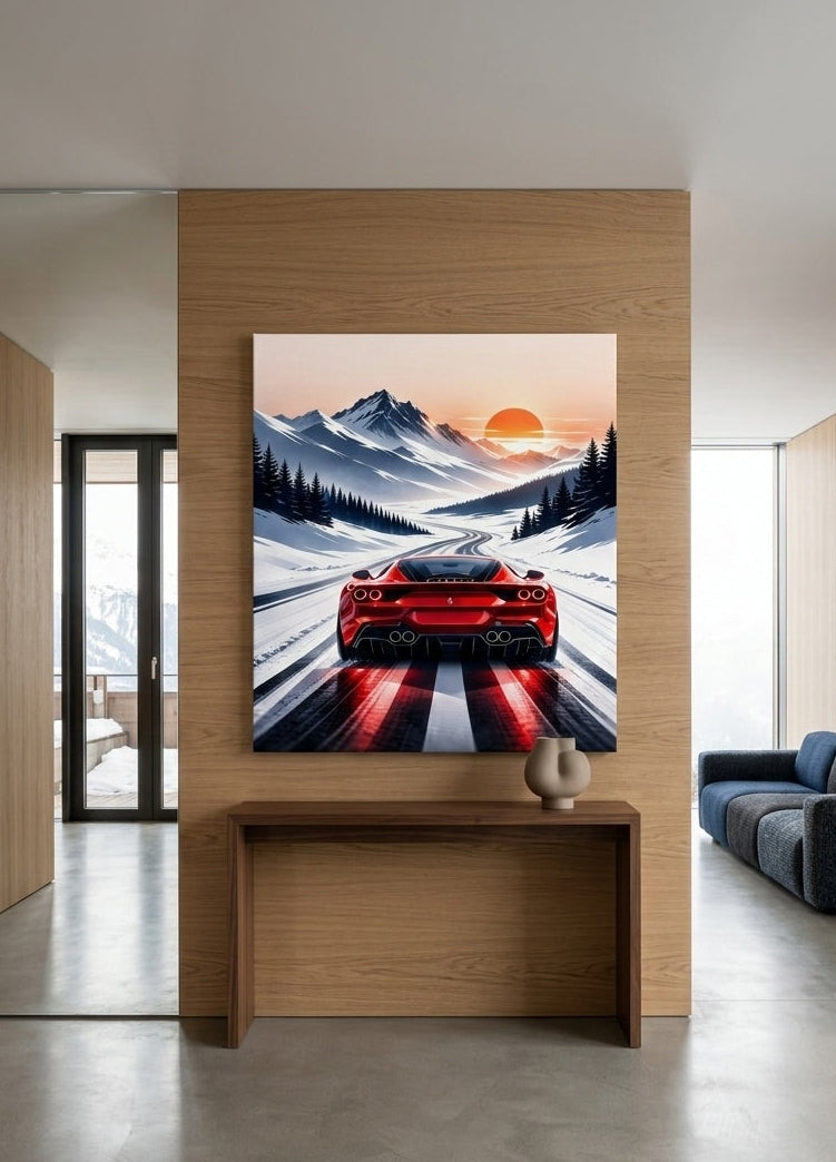 Tableau Ferrari rouge sur neige intégré dans un salon moderne à la décoration murale haut de gamme
