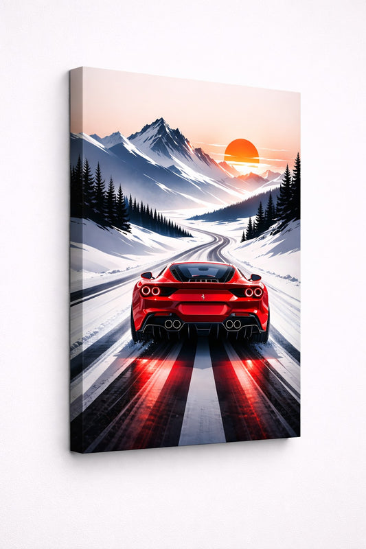 Vue de profil sur toile d’une Ferrari rouge dans un paysage enneigé au style design contemporain
