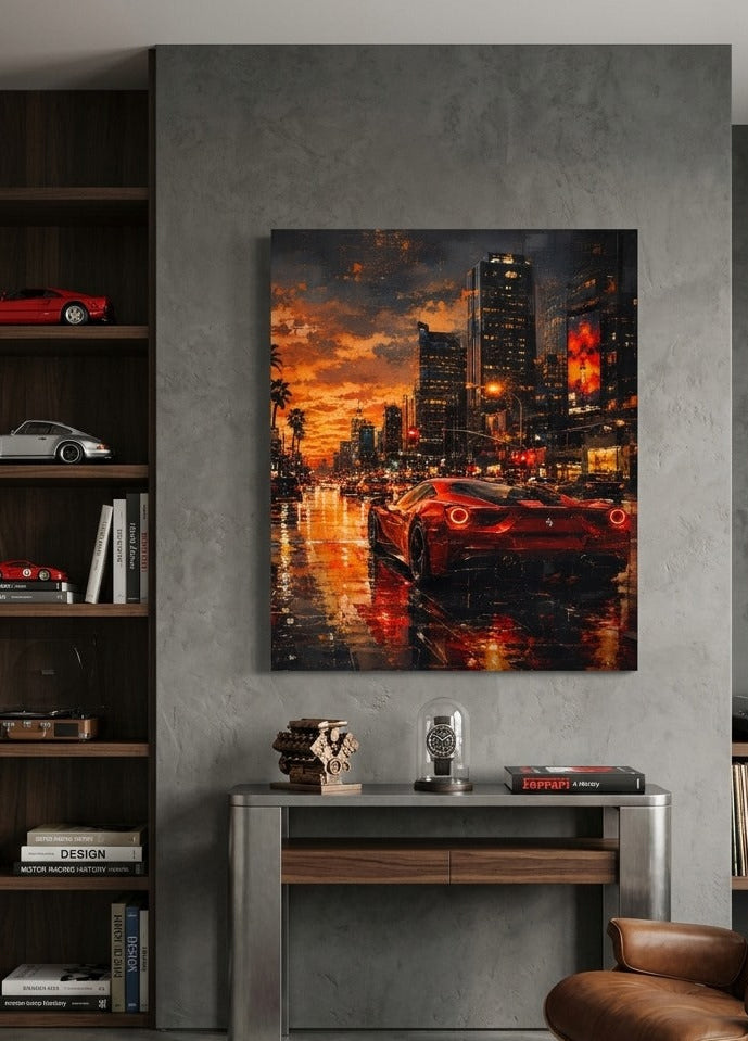Tableau automobile représentant une Ferrari rouge dans une ville américaine au coucher du soleil sur une route humide et lumineuse
