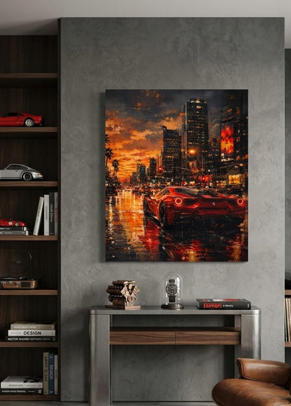 Tableau automobile représentant une Ferrari rouge dans une ville américaine au coucher du soleil sur une route humide et lumineuse
