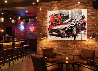 Tableau street art Ferrari Testarossa TOCK accroché dans un salon moderne, décoration murale dynamique avec Ferrari Testarossa et graffitis, ambiance urbaine et énergique.