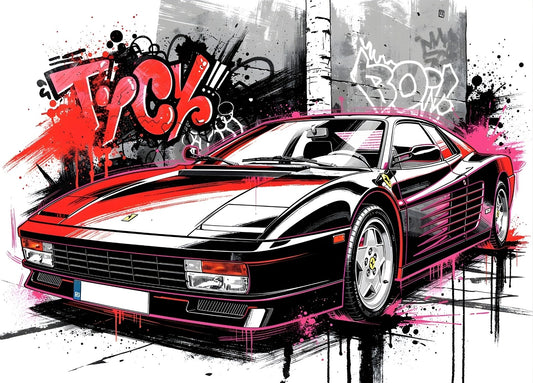 Tableau street art Ferrari Testarossa TOCK : Ferrari Testarossa en noir et rose avec graffitis, création exclusive Iconik-Art.