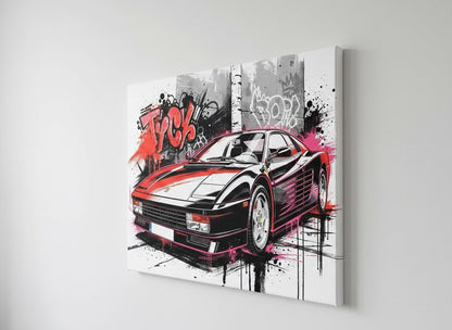 Vue de profil du tableau street art Ferrari Testarossa TOCK sur châssis toile, détails des éclaboussures et des graffitis, impression haute qualité.