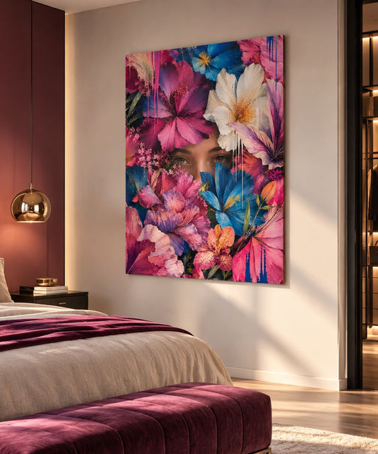 Œuvre florale colorée Floral Gaze présentée dans un intérieur contemporain
