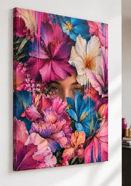 Tableau Floral Gaze imprimé sur toile avec portrait féminin et fleurs
