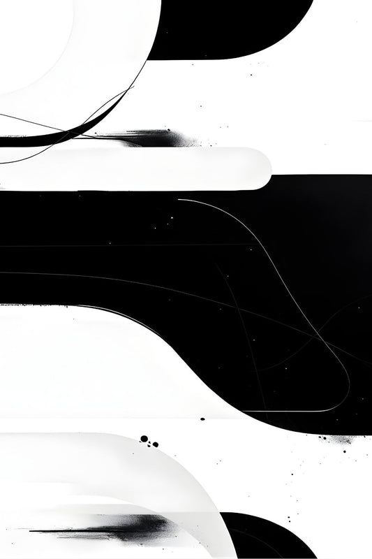 Tableau abstrait noir et blanc aux formes fluides et contrastes minimalistes
