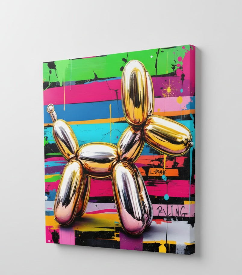 Oeuvre murale pop art chien ballon doré
