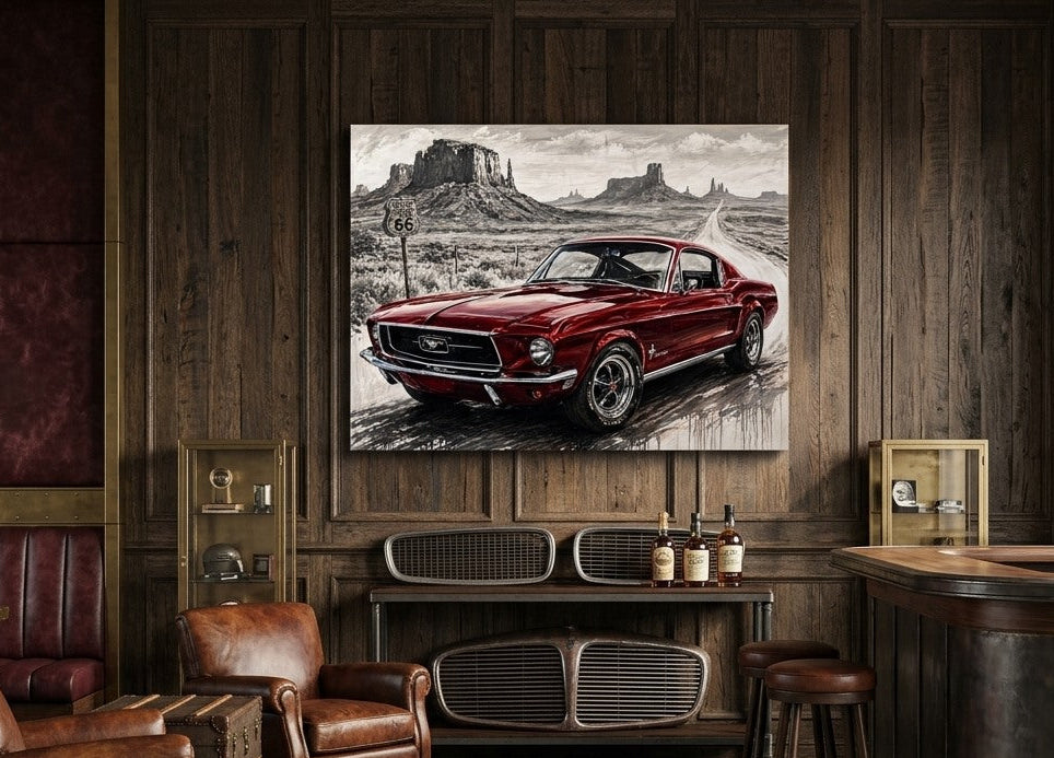 Tableau Ford Mustang Fastback 1968 intégré dans une décoration vintage inspirée de l'Amérique et de la Route 66 création exclusive Iconik-Art
