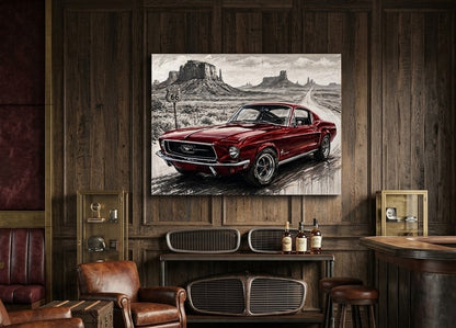 Tableau Ford Mustang Fastback 1968 intégré dans une décoration vintage inspirée de l'Amérique et de la Route 66 création exclusive Iconik-Art
