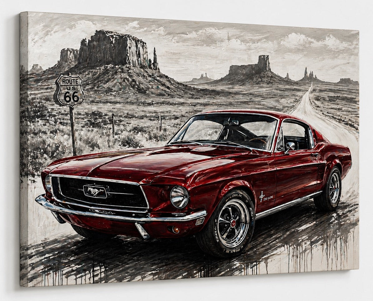 Vue latérale de la Ford Mustang Fastback 1968 mettant en valeur ses lignes mythiques et sa finition premium

