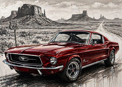 Ford Mustang Fastback 1968 rouge sur la Route 66 dans un paysage désertique américain création exclusive Iconik-Art
