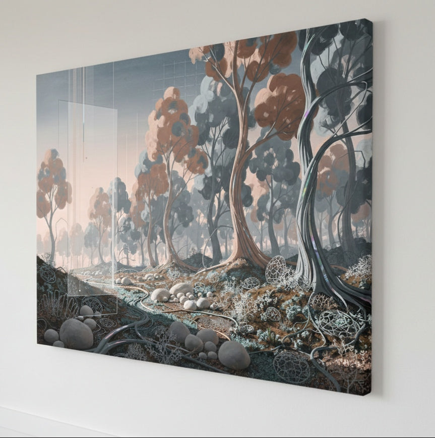 Vue de profil toile forêt contemporaine sur châssis
