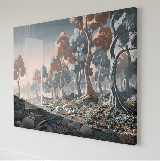 Vue de profil toile forêt contemporaine sur châssis
