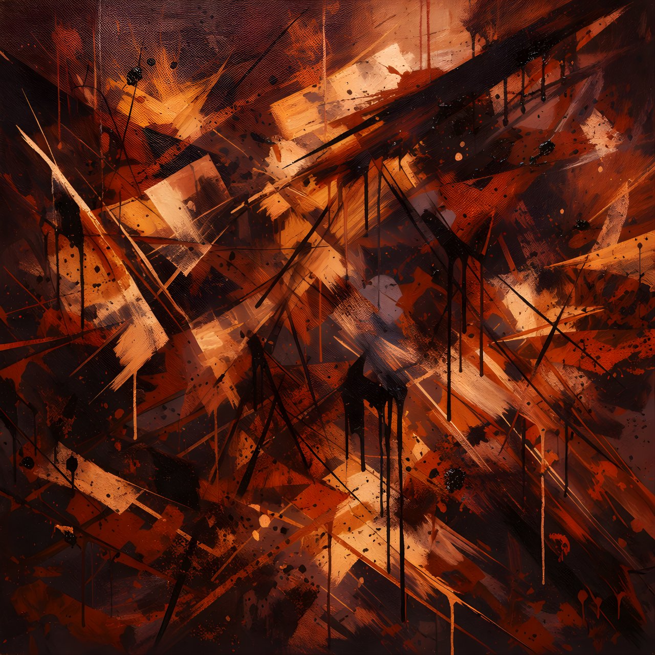 Composition abstraite contemporaine orange rouille noir aux lignes fragmentées et matière expressive pour mur de loft industriel.
