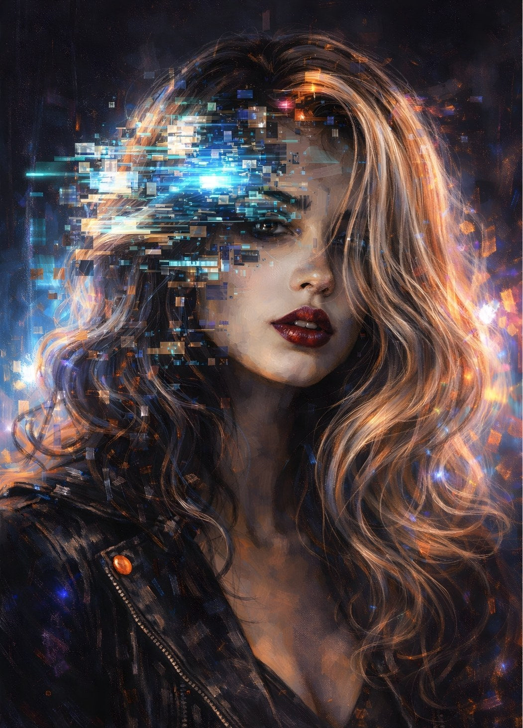 Portrait femme cyberpunk néon effet glitch lumineux moderne
